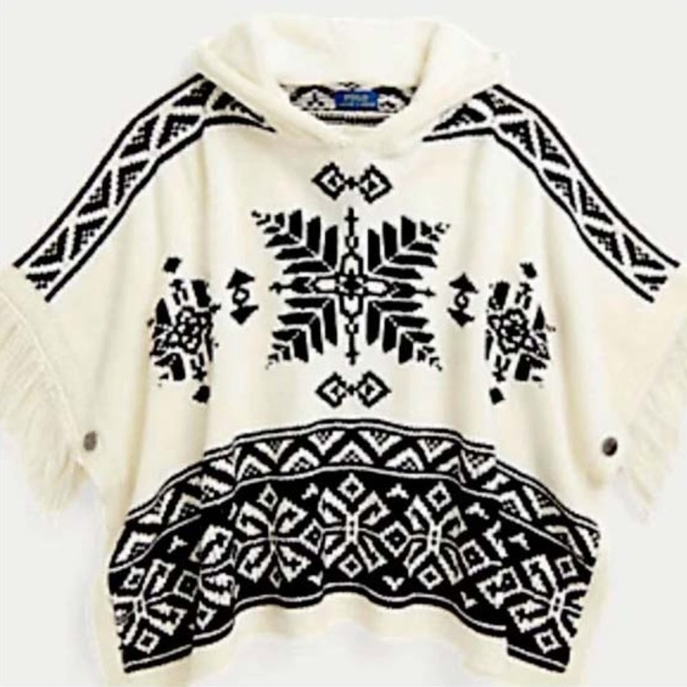 NWT Polo Ralph Lauren Girl's Fair Isle Snowflake Hooded Sweater Poncho